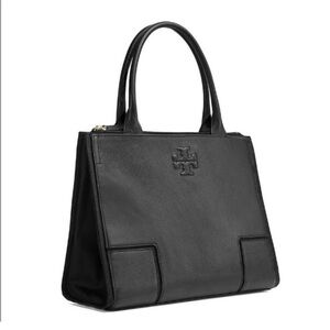Tory Burch Ella Pebbled Leather & Canvas Tote Black - Huge Work Laptop Purse Bag